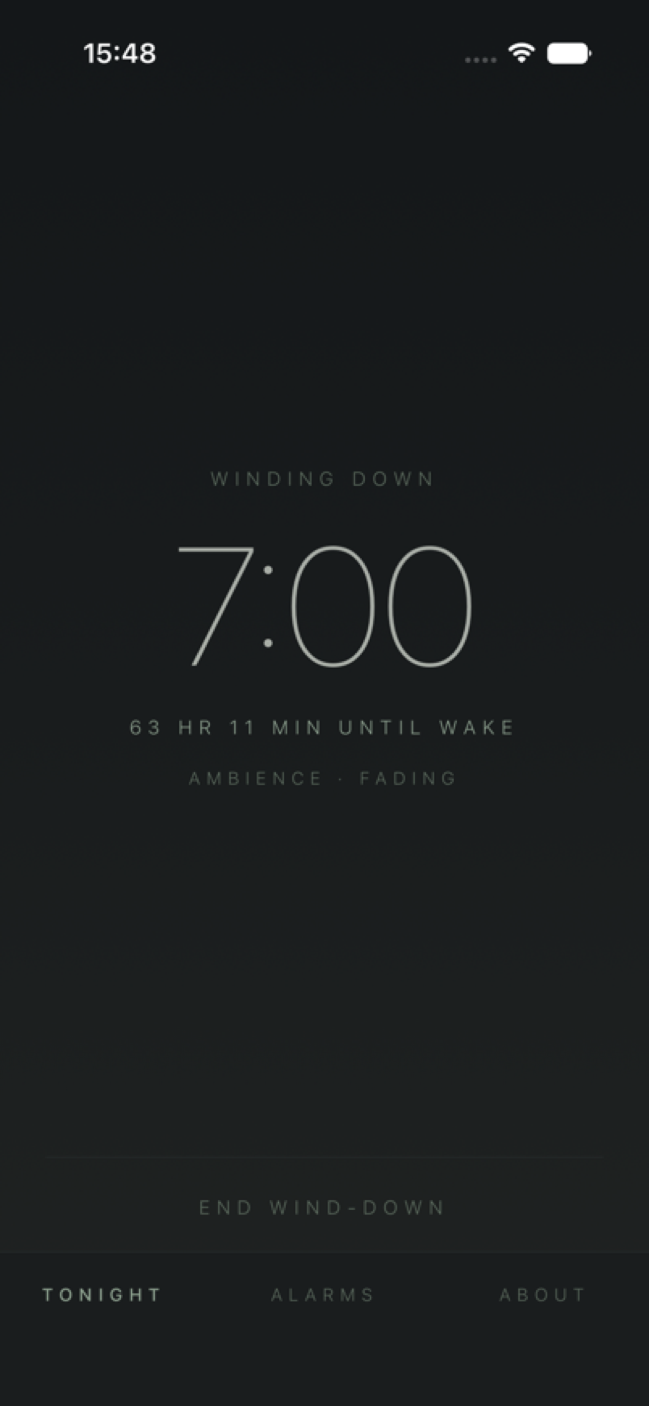 Meridian wind-down screen with a gradual fade before sleep