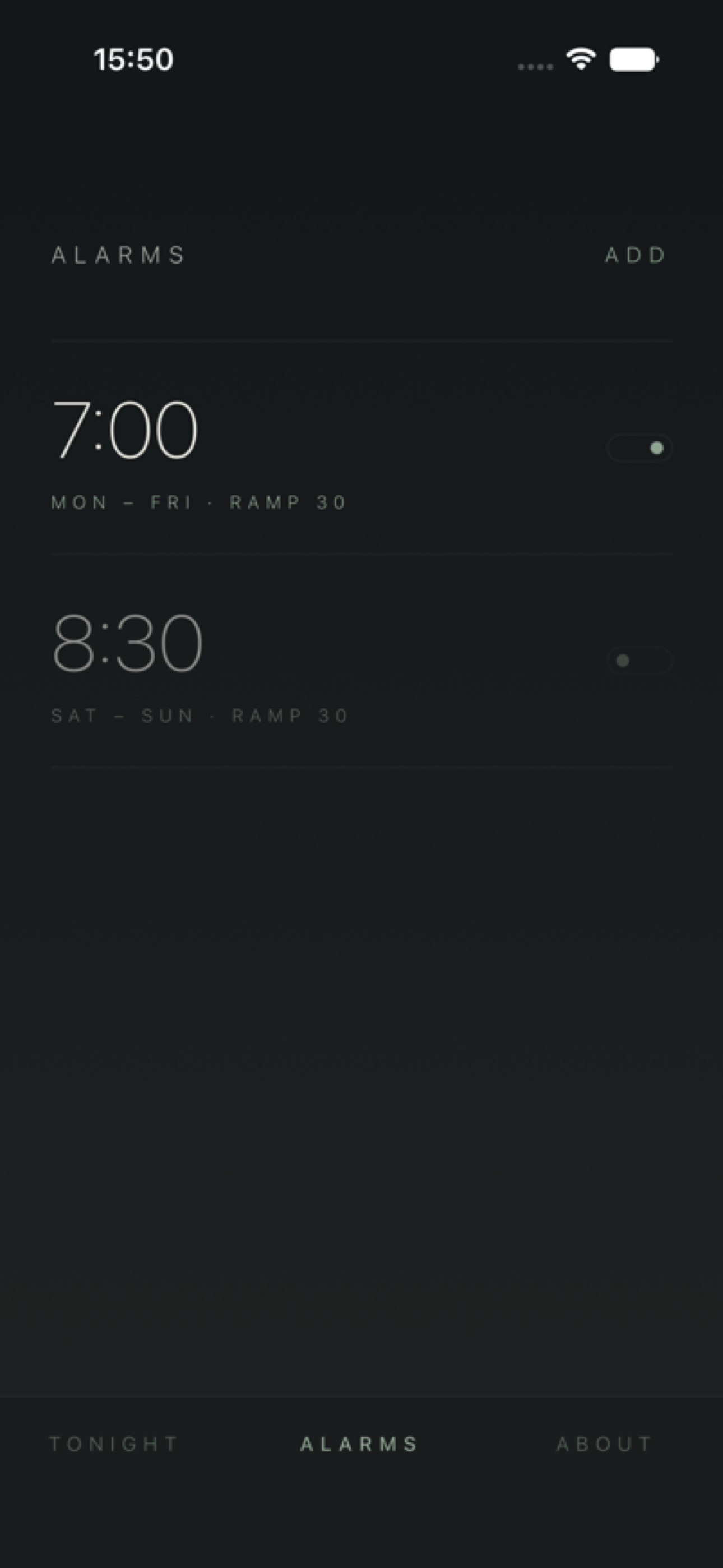 Meridian alarms screen showing recurring gradual alarms