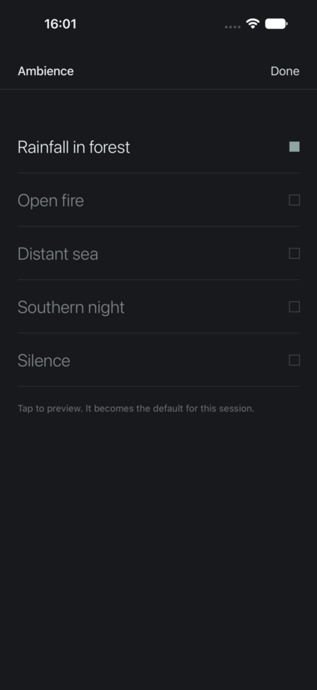 Ashlar ambience screen with rainfall, open fire, distant sea, southern night, and silence