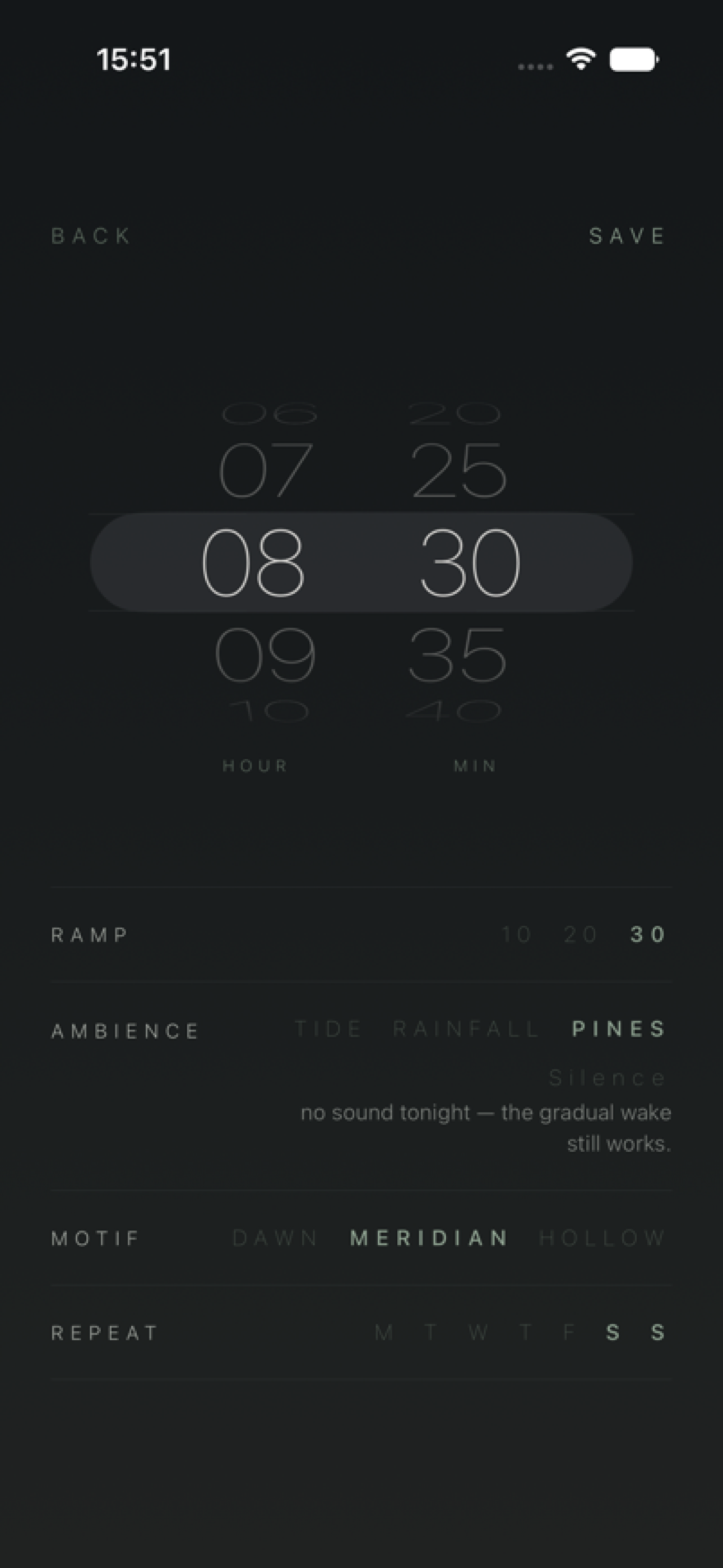 Meridian alarm editor with time, ramp, ambience, motif, and repeat settings
