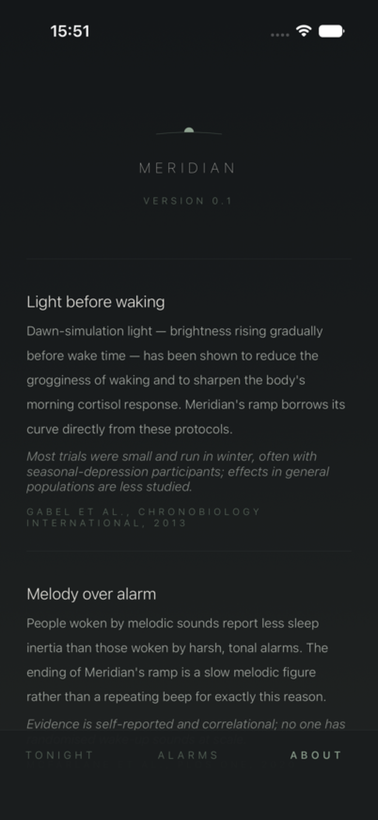 Ashlar about screen describing a private, account-free meditation app
