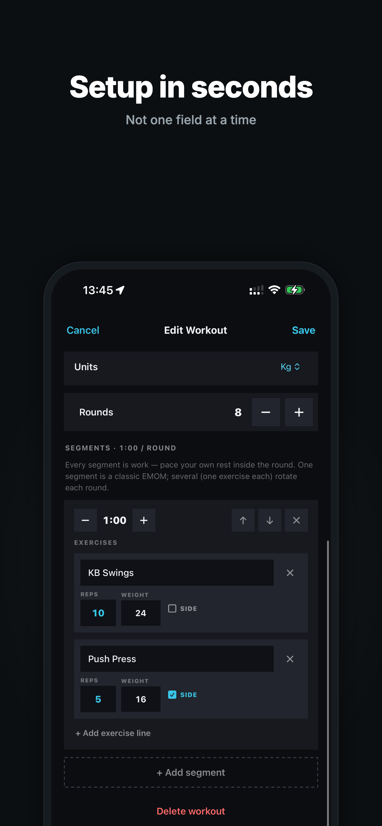 Cadence custom workout builder on iPhone with rounds, segments, and exercises