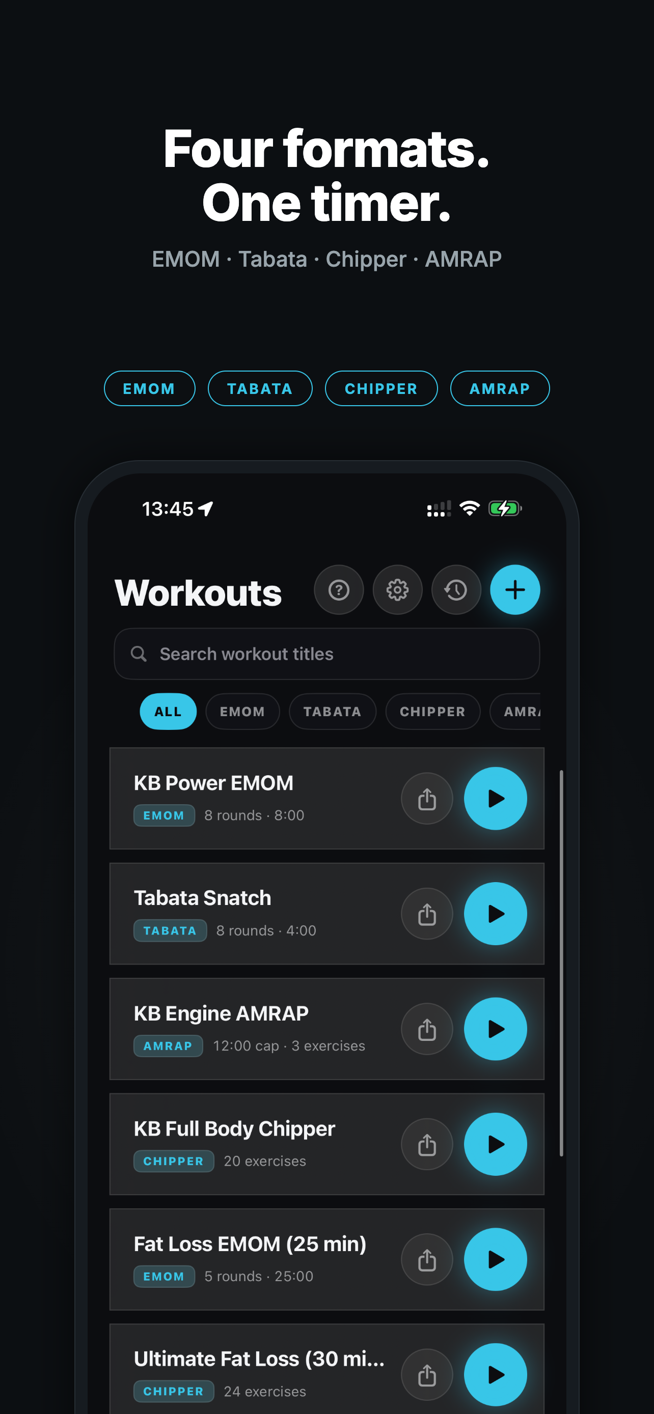 Cadence workout timer supporting EMOM, Tabata, Chipper, and AMRAP formats