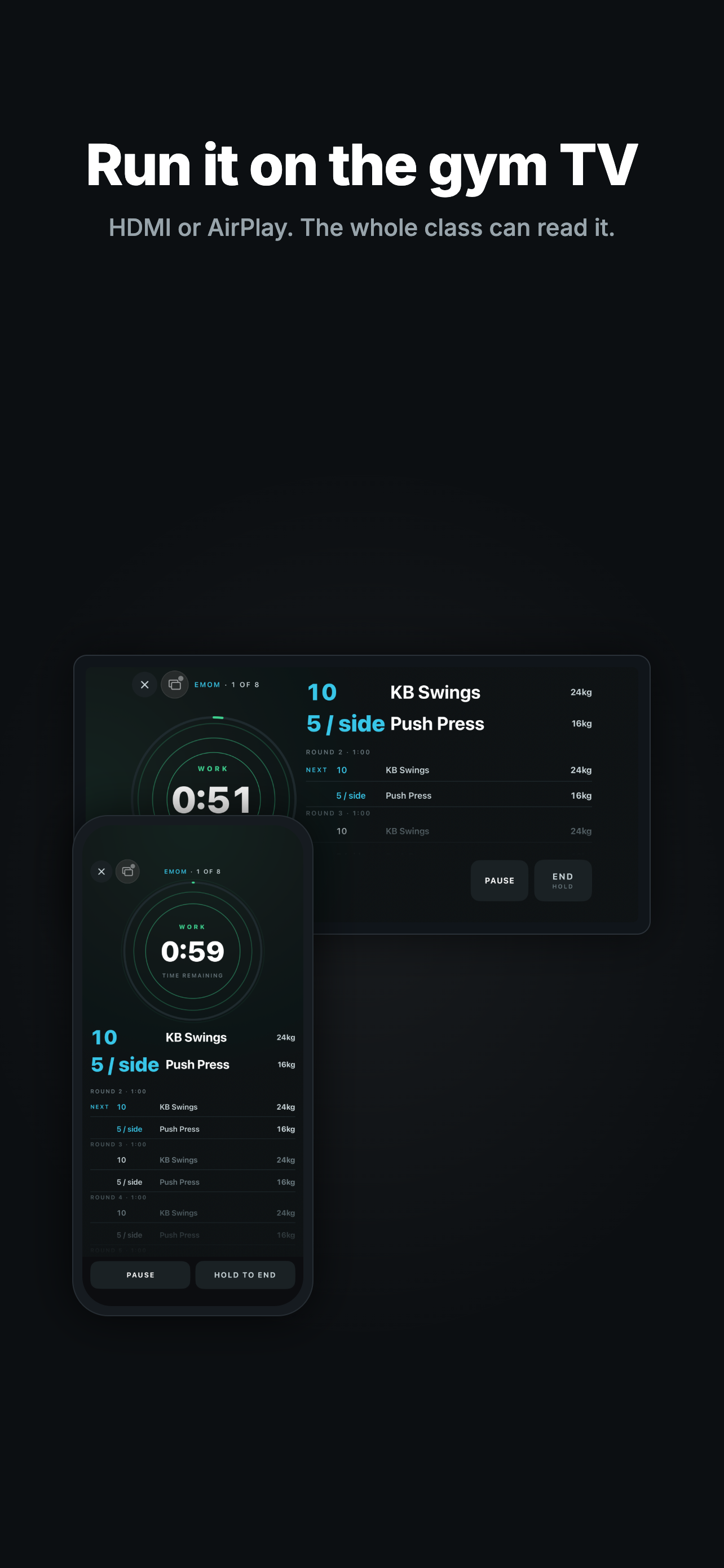 Cadence workout timer running on a gym TV alongside an iPhone