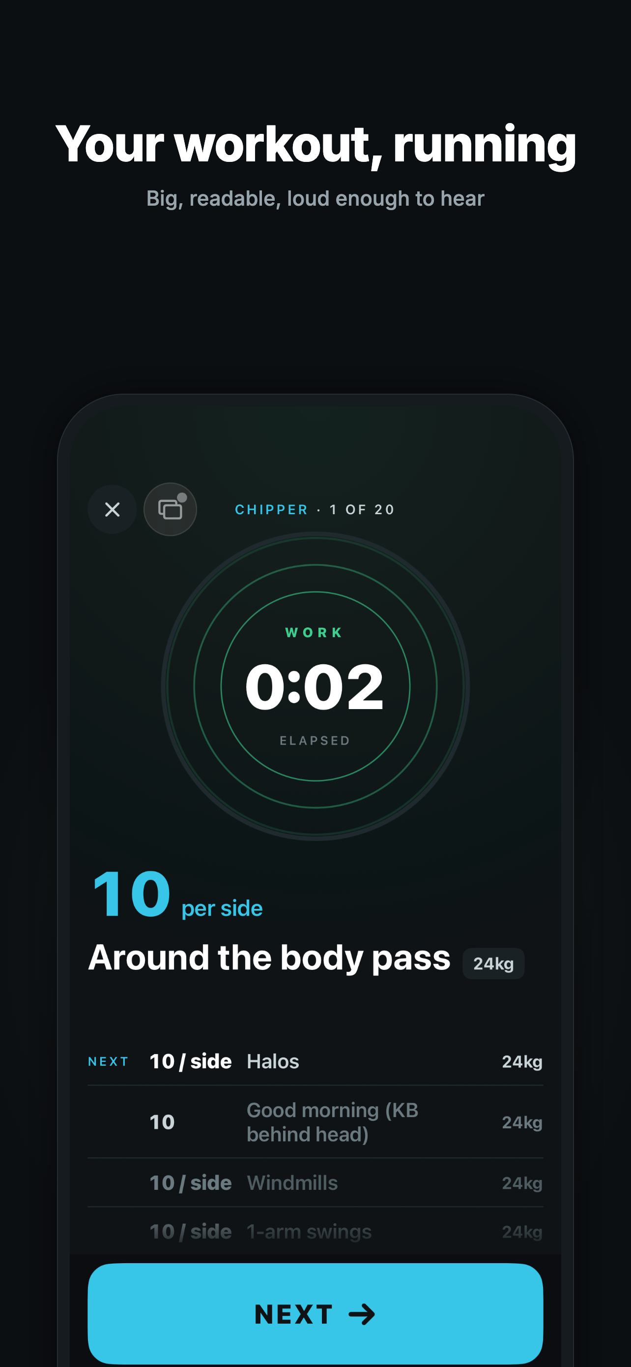 Cadence kettlebell workout timer running on iPhone