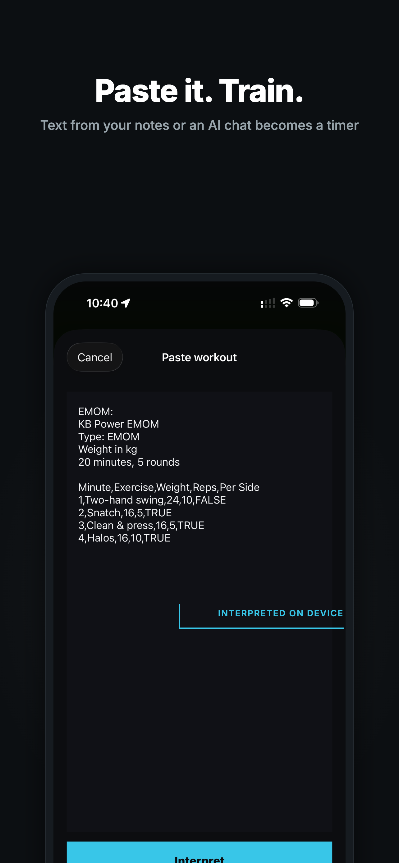 Cadence paste workout screen turning text into a timer
