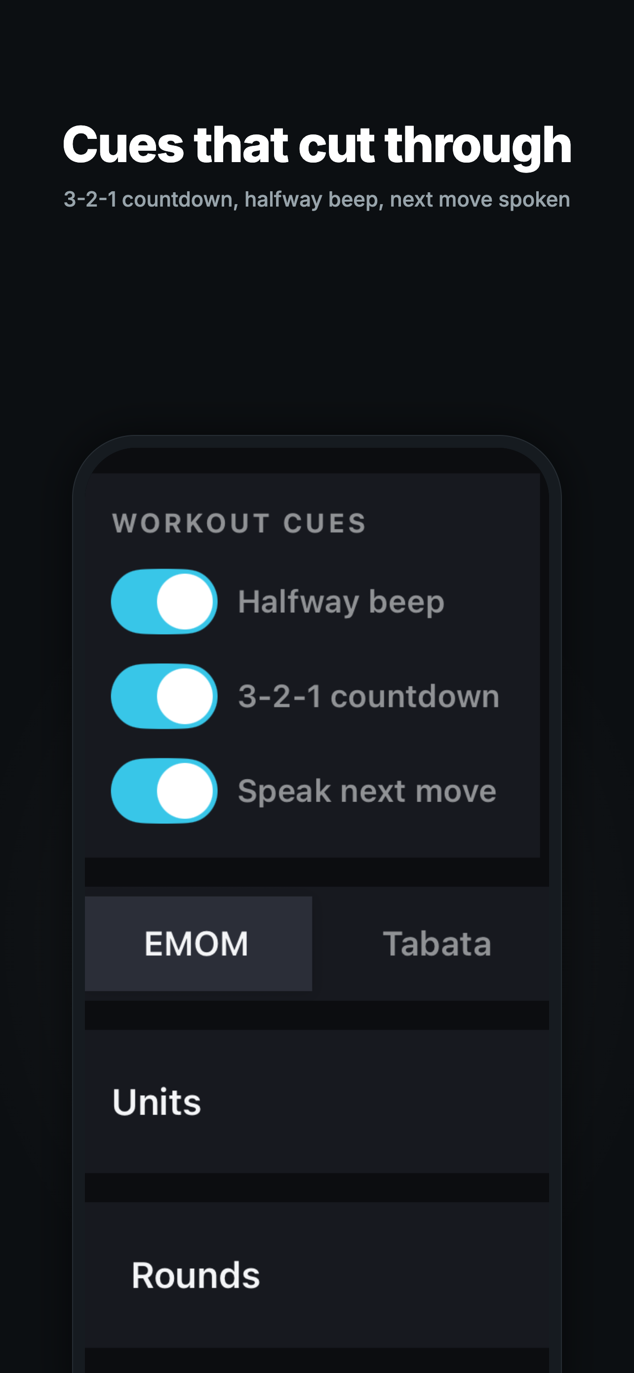 Cadence workout cue settings with countdown and spoken next move options
