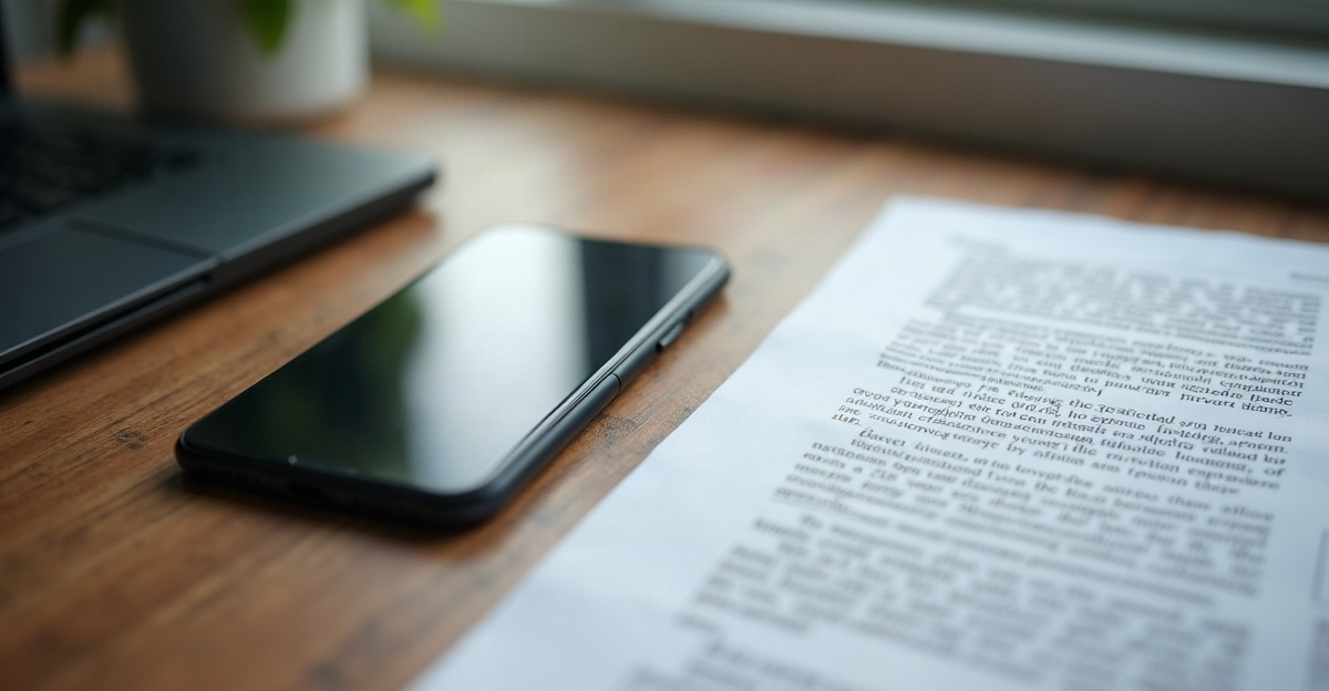 iPhone on a desk next to printed, highlighted speech pages