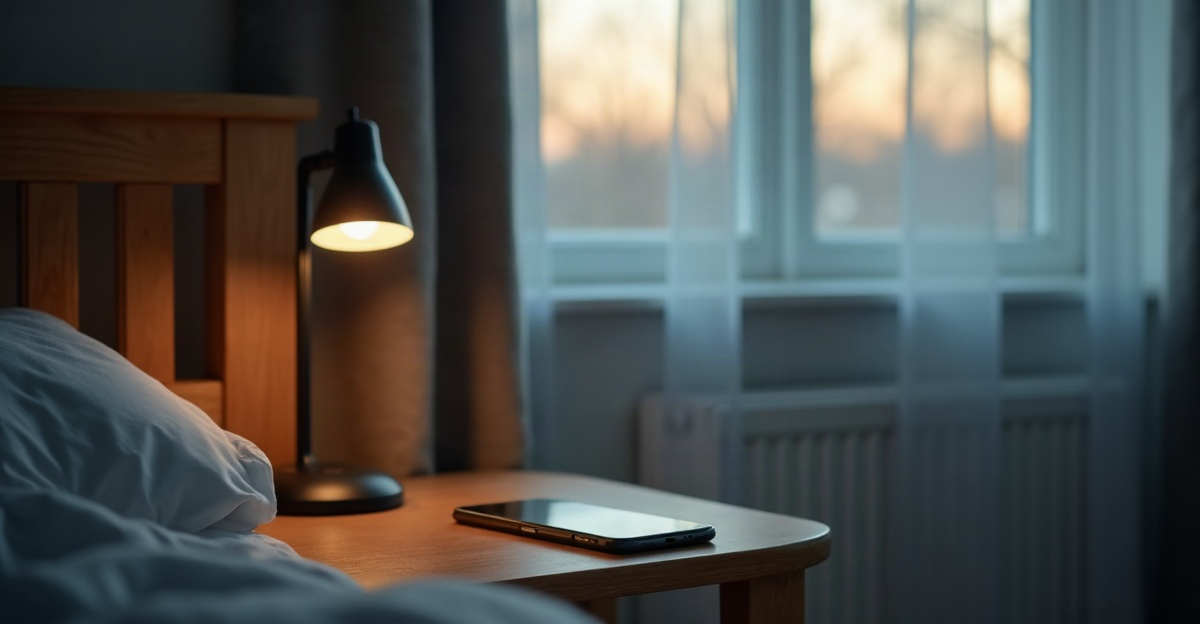 Smartphone on a bedside table next to a small lamp in soft dawn light.